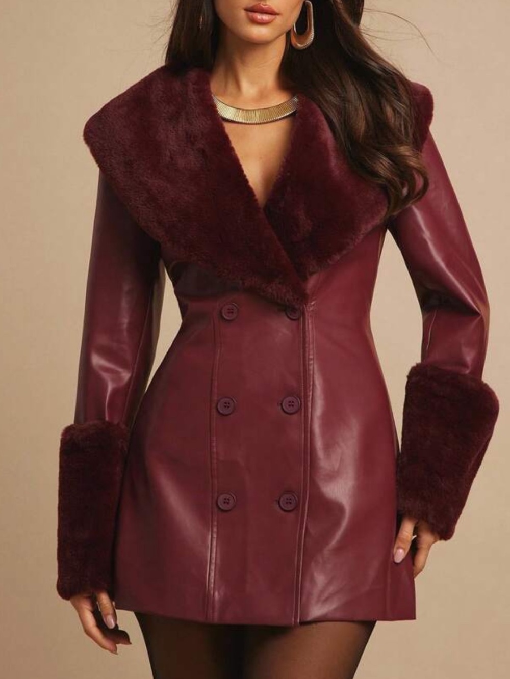 Women’s Burgundy Faux Leather Double-Row Buttoned Jacket with Faux Fur Trim